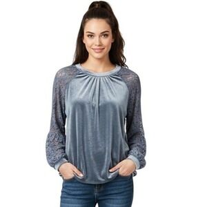 Good Hart Top Women's XL Blue Velvet Forest Fairy Grunge Lace Sleeves Whimsigoth